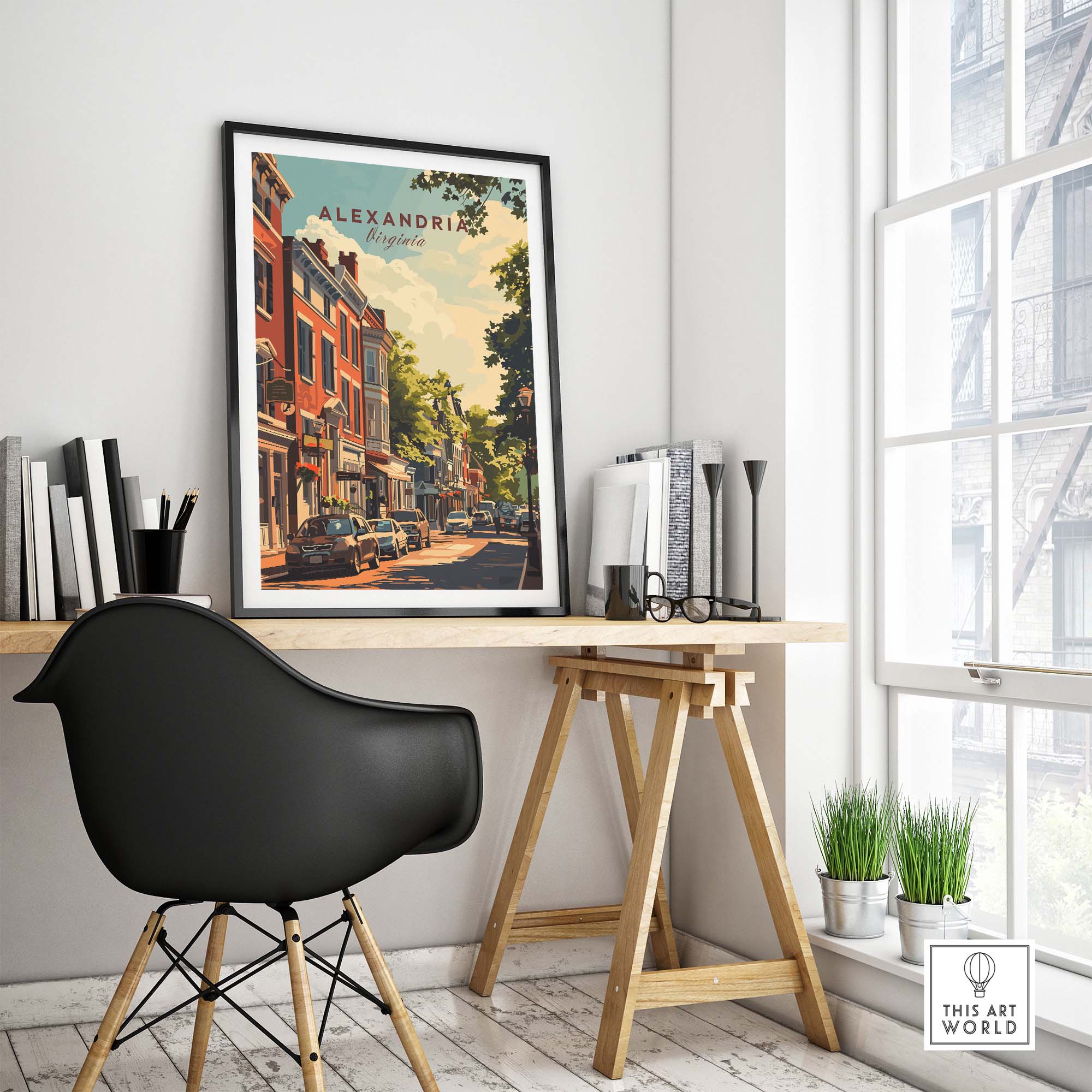 Alexandria Virginia wall art showcasing vibrant city street scene in a stylish workspace.