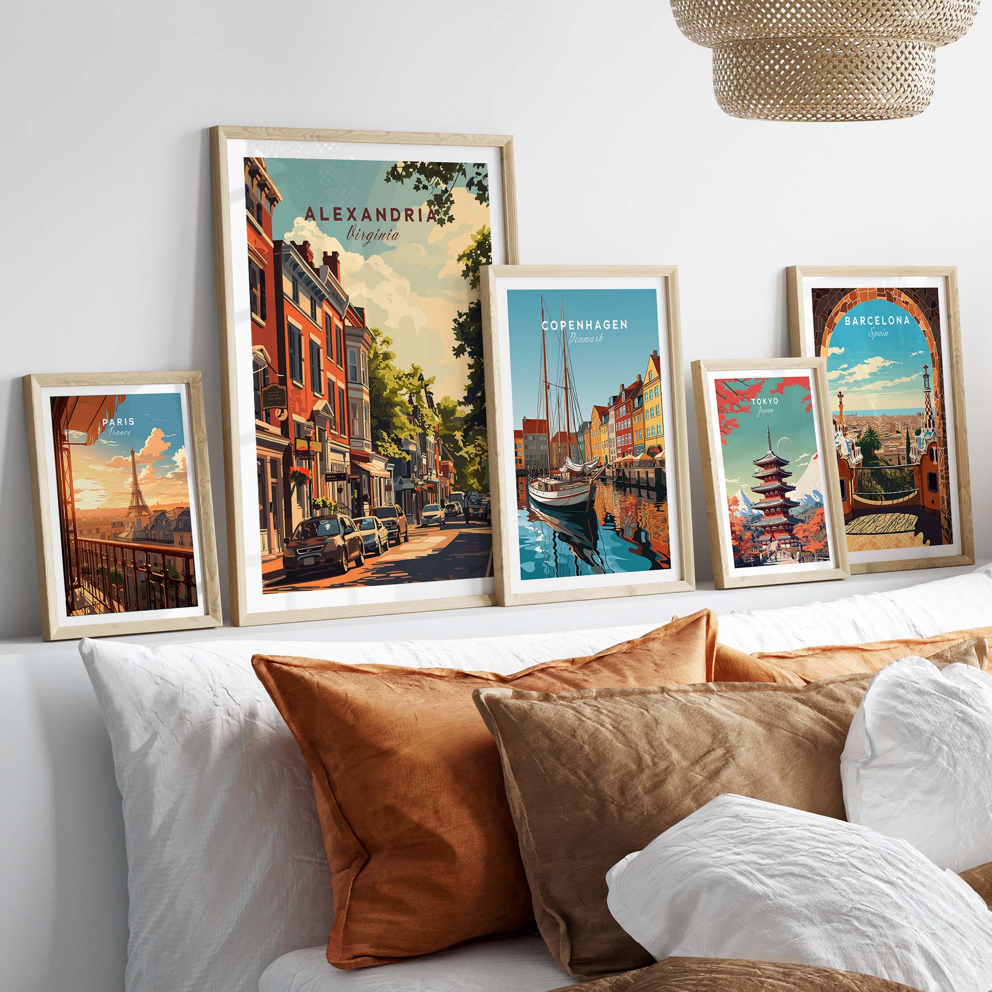 Framed Alexandria Virginia wall art displayed in a stylish home setting, showcasing vibrant travel posters.