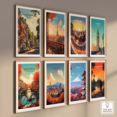 Collection of vibrant travel posters featuring Alexandria, Paris, Barcelona, London, Amsterdam, Florence, Tokyo, and Angkor Wat.