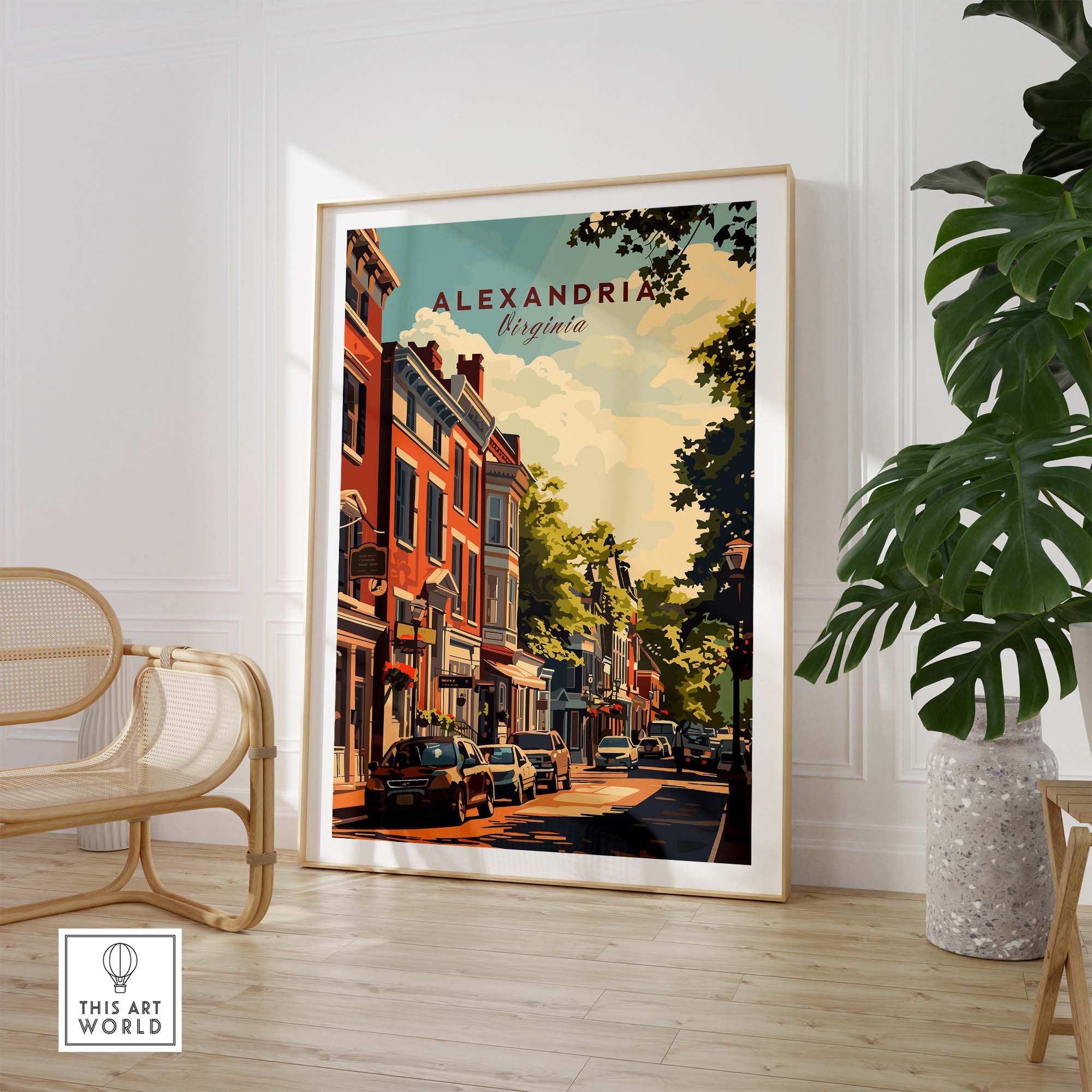 Vibrant Alexandria Virginia wall art featuring historic streets and colorful buildings, perfect for home or office decor.