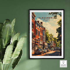 Framed Alexandria Virginia wall art depicting a charming street scene with vibrant colors and intricate details.