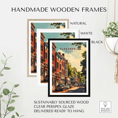 Handmade wooden frames in natural, white, and black for Alexandria Virginia wall art. Sustainably sourced and ready to hang.