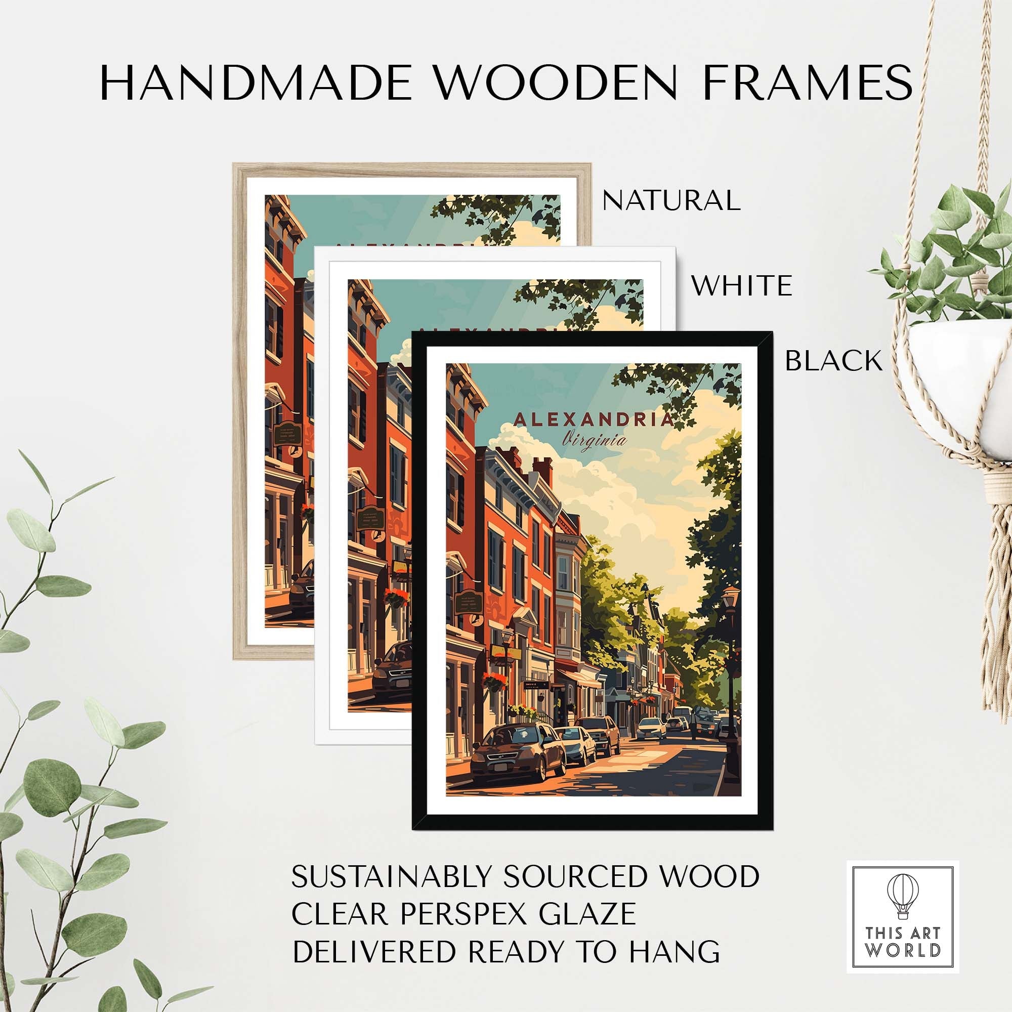 Handmade wooden frames in natural, white, and black for Alexandria Virginia wall art. Sustainably sourced and ready to hang.