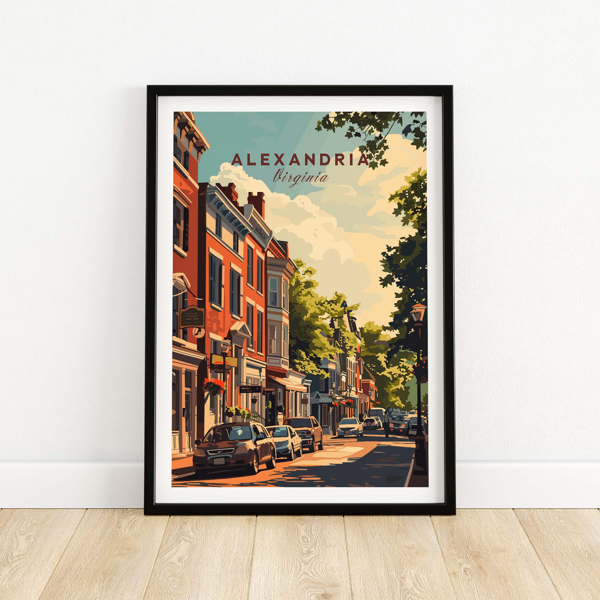 Vibrant Alexandria Virginia wall art showcasing historic streets and colorful buildings, perfect for home decor.