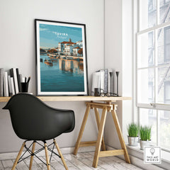 Algarve Tavira Wall Decor, Portugal Cityscape Poster, River Gilão Print showcased in a modern interior setting.