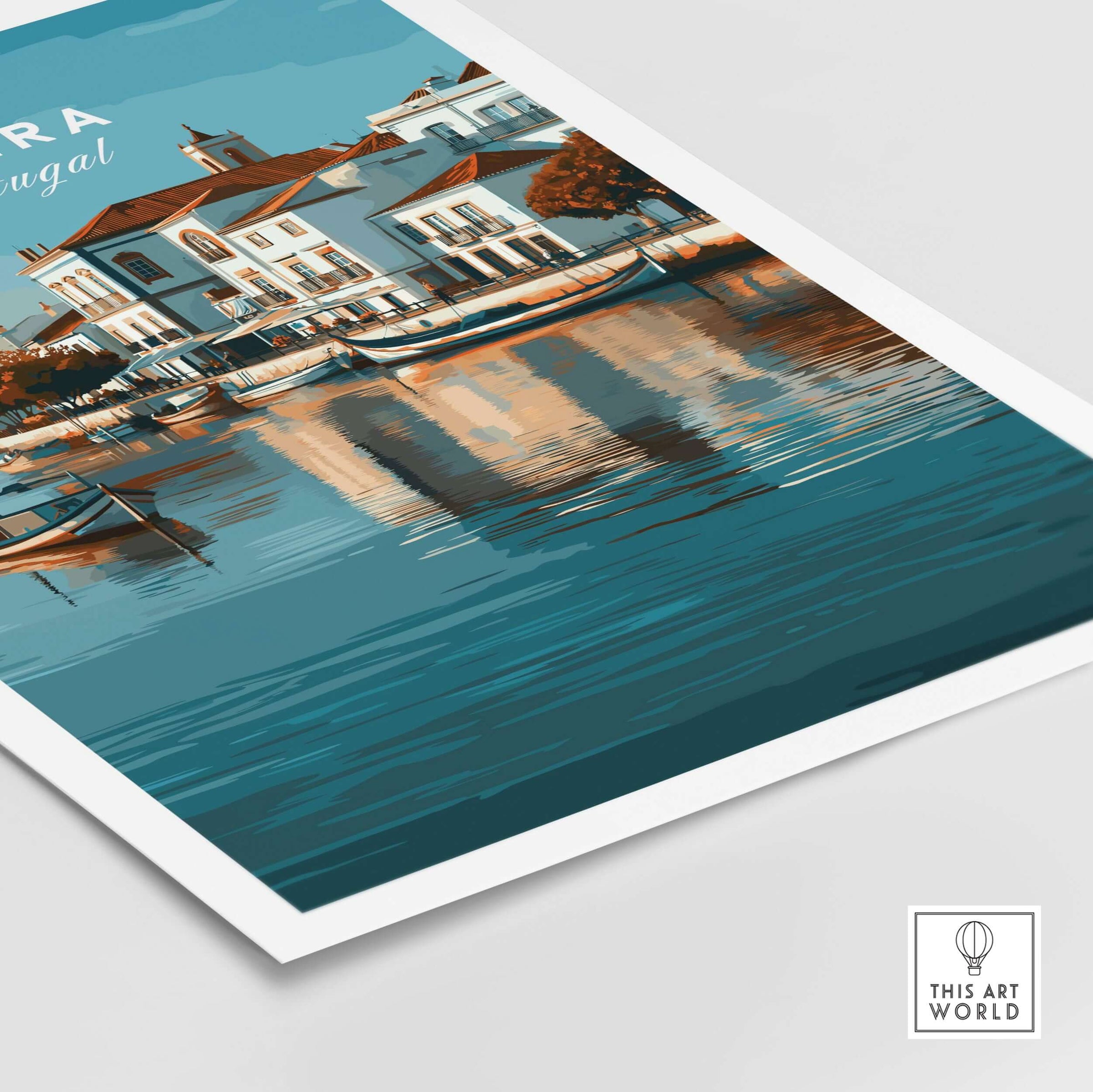 Algarve Tavira Wall Decor, Portugal Cityscape Poster, River Gilão Print showcasing serene architecture and reflections on water.
