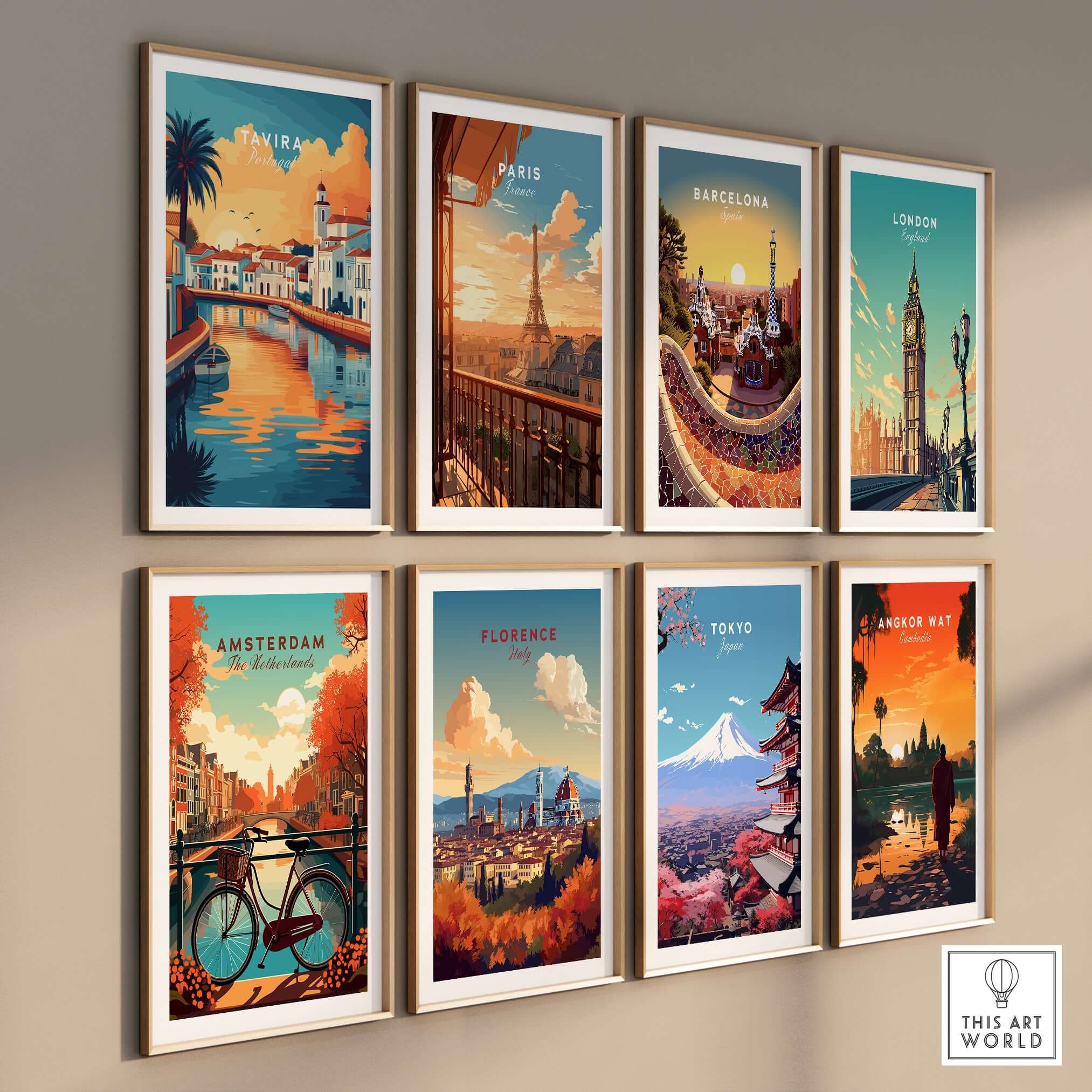 Algarve Tavira Poster, Portugal Wall Decor, Sunset in a vibrant gallery wall of travel-themed art prints.