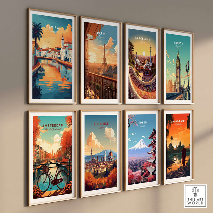 Gallery of travel posters featuring Tavira, Paris, Barcelona, London, Amsterdam, Florence, Tokyo, and Angkor Wat.