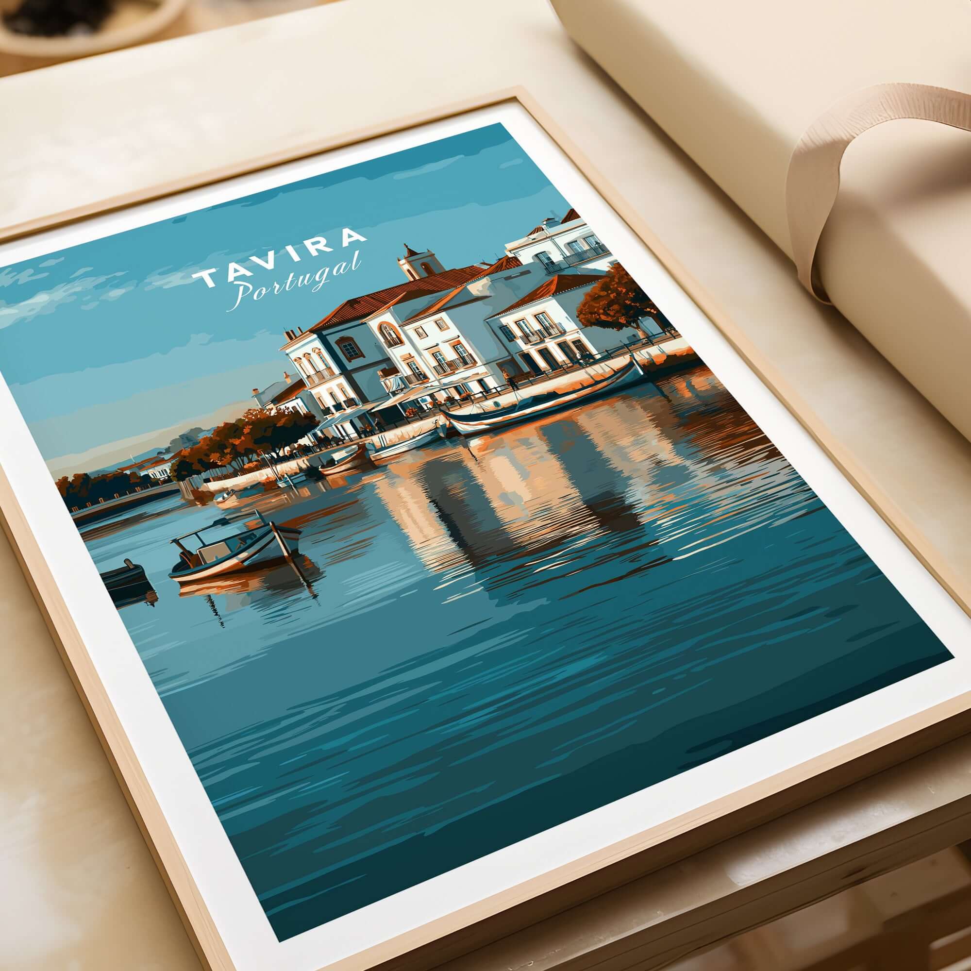 Algarve Tavira Wall Decor, Portugal Cityscape Poster, River Gilão Print showcasing a picturesque waterfront scene.