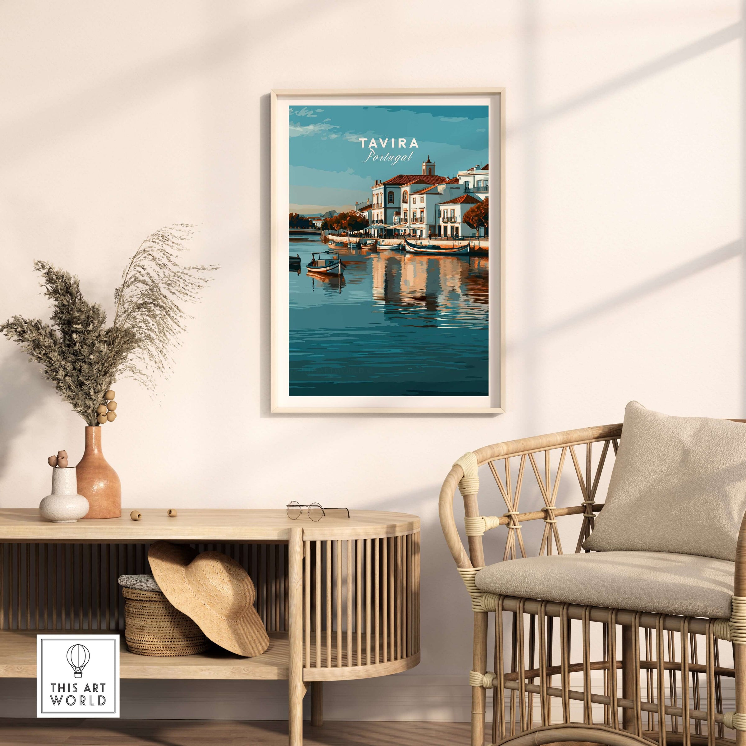 Algarve Tavira Wall Decor, Portugal Cityscape Poster, River Gilão Print featuring Tavira's charming waterfront.
