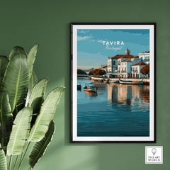 Algarve Tavira Wall Decor, Portugal Cityscape Poster, River Gilão Print framed on a green wall.
