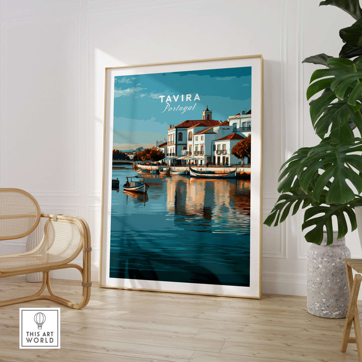 Tavira, Portugal cityscape poster showcasing the tranquil River Gilão and charming architecture.