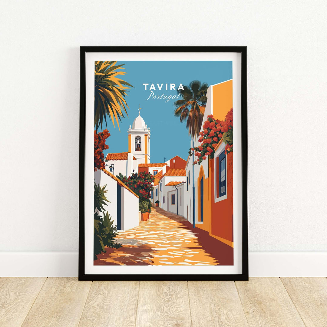Tavira Portugal wall decor print featuring bright streets, colorful buildings, and Mediterranean charm.