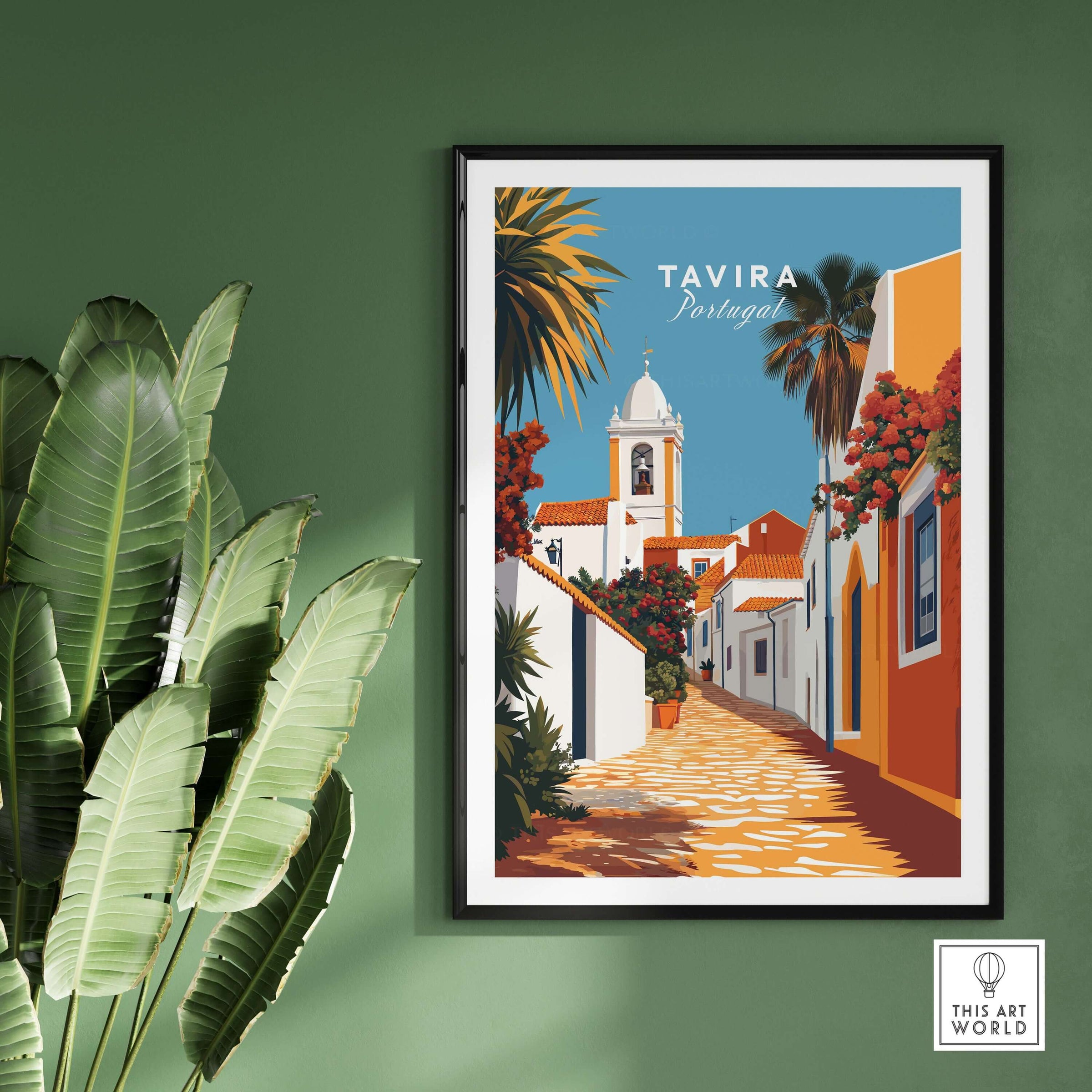 Algarve Tavira Wall Decor, Portugal Poster, Orange Flowers and White Walls Print displayed in a home setting with plants.