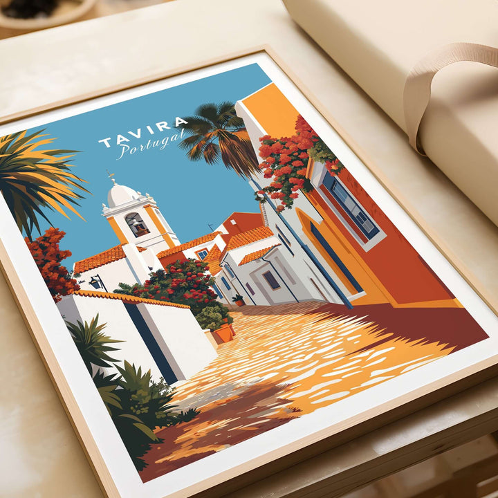 Tavira Portugal wall decor poster featuring colorful street scene with palm trees and flowers.