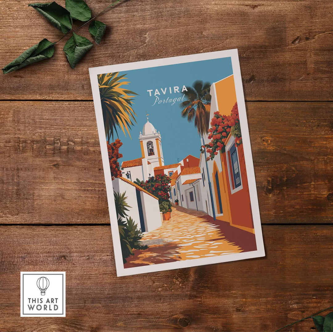 Tavira Portugal poster featuring vibrant colors, palm trees, and charming streets on a wooden surface.