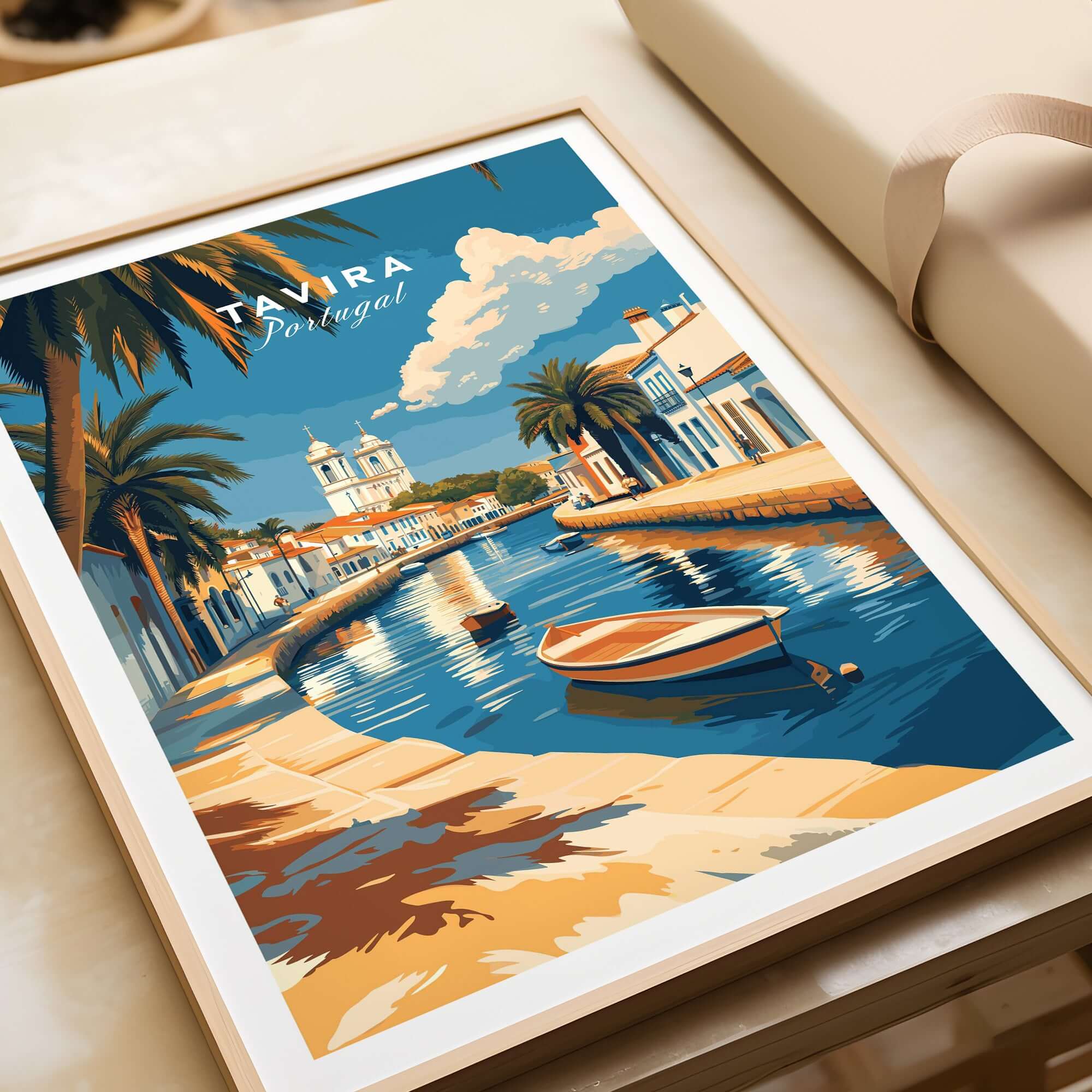 Algarve Tavira Print, Portugal Wall Decor, Mediterranean Style City Poster featuring waterfront scenery and vibrant colors.