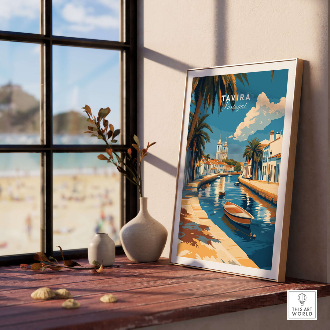 Algarve Tavira print showcasing a Mediterranean scene with a boat, palm trees, and coastal architecture.