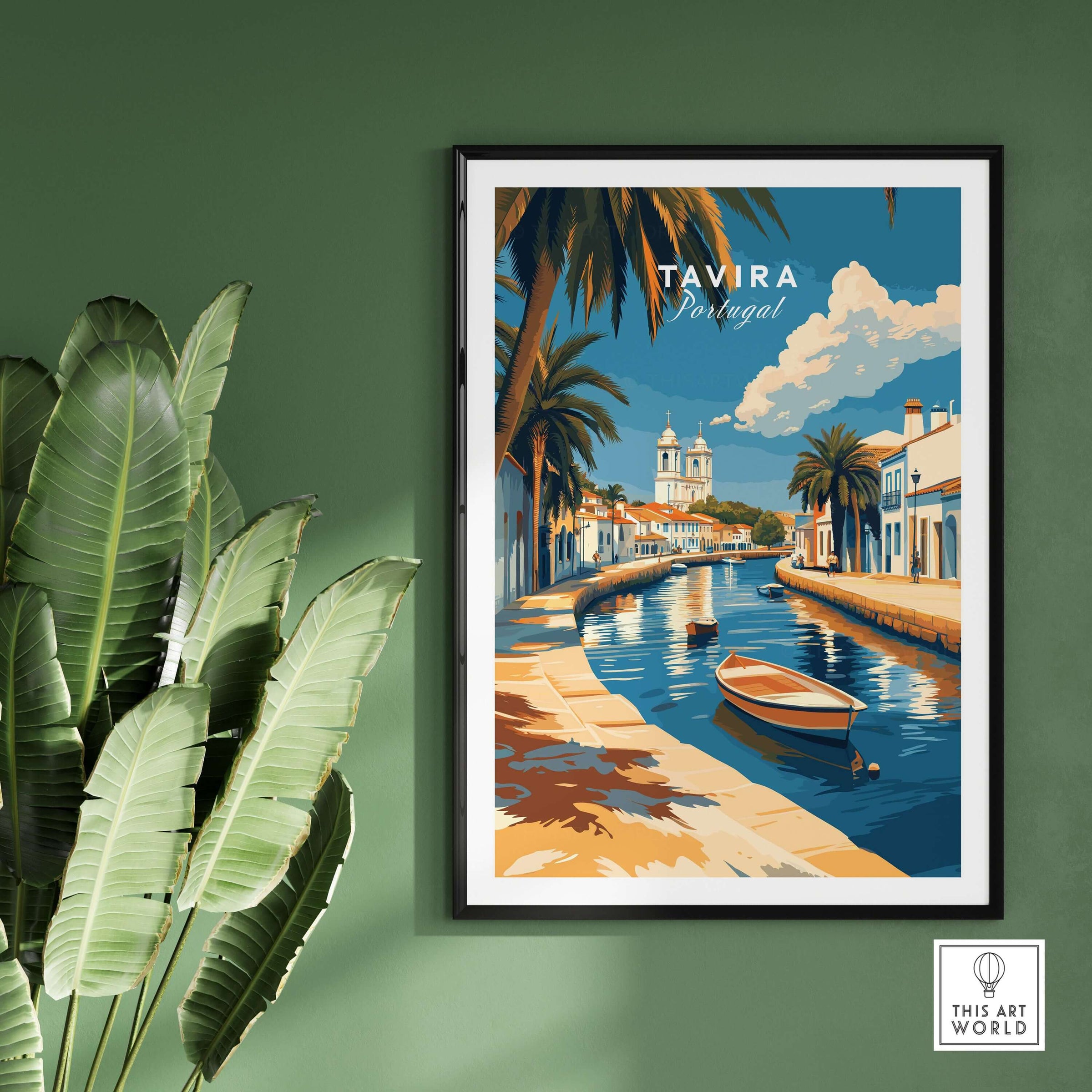 Algarve Tavira Print, Portugal Wall Decor, Mediterranean Style City Poster showcasing scenic waterway and architecture.