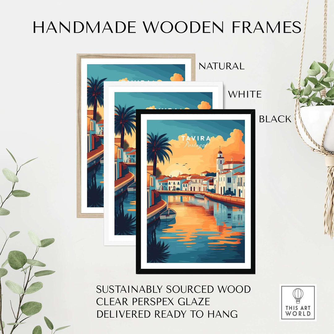 Handmade wooden frames in natural, white, and black showcasing the Algarve Tavira sunset poster wall decor.