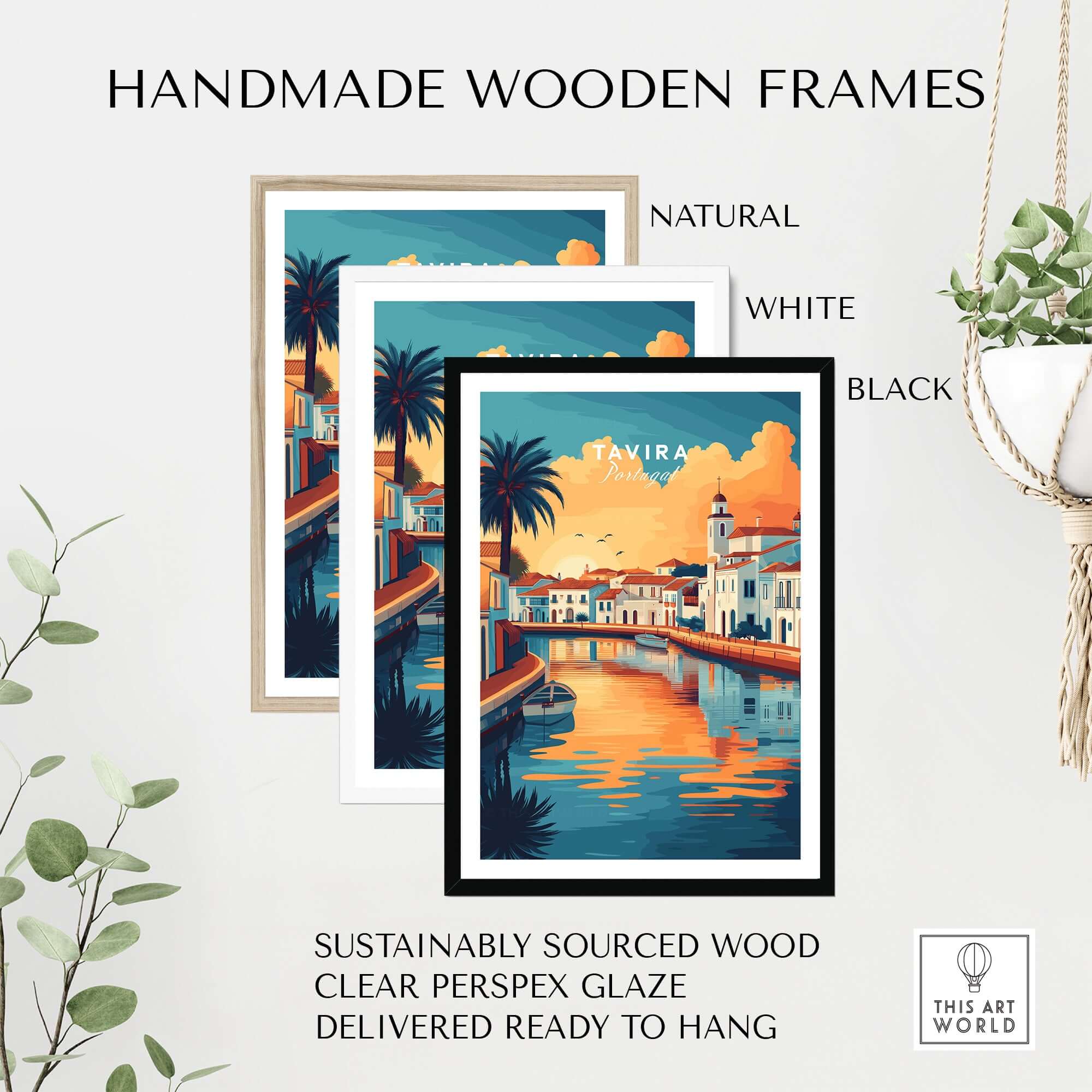 Handmade wooden frames for Algarve Tavira Poster, Portugal Wall Decor, Sunset, showcasing natural, white, and black options.