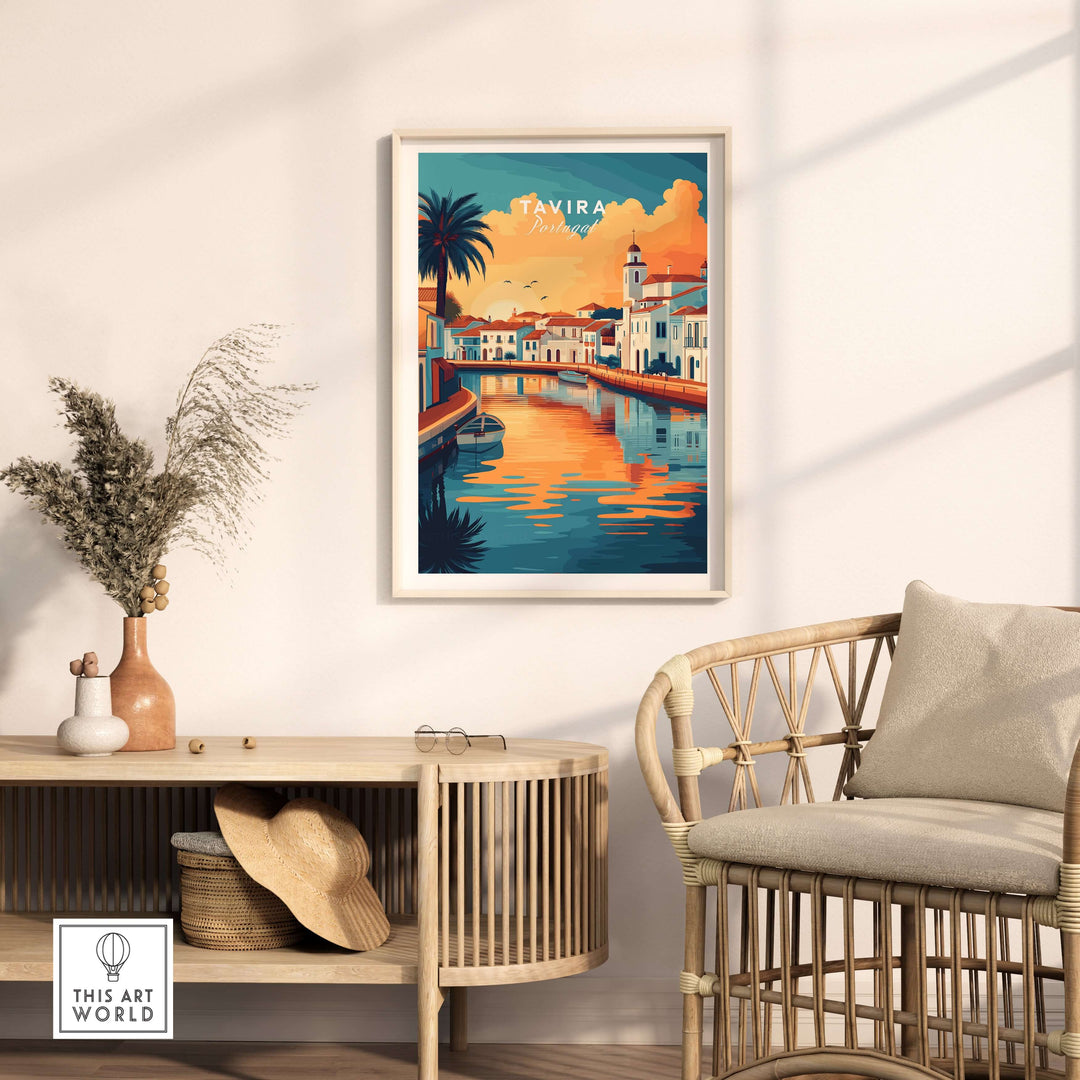 Algarve Tavira poster displayed in a stylish living room with coastal decor and warm sunset colors.