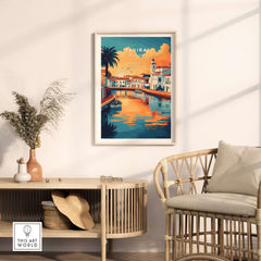 Algarve Tavira Poster, Portugal Wall Decor, Sunset in a stylish living room featuring serene coastal charm.