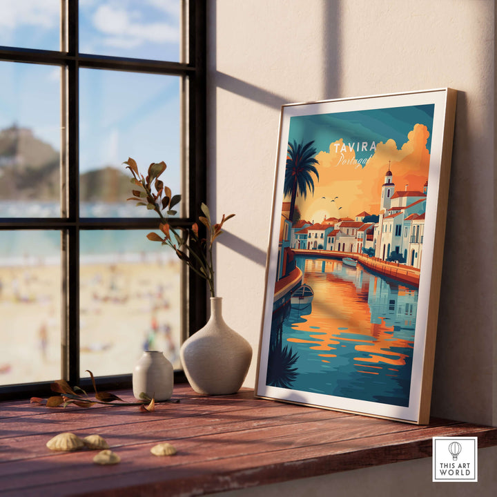 Algarve Tavira poster showcasing vibrant sunset colors and serene coastal scenery in home decor.