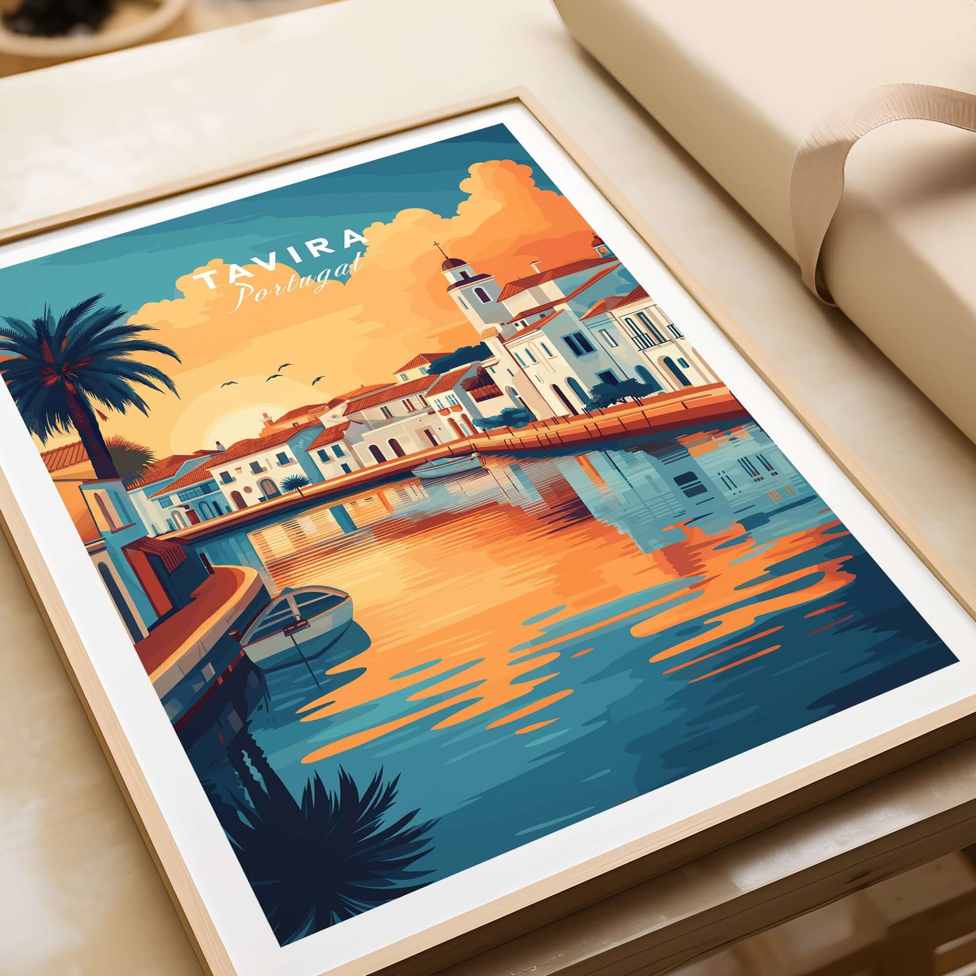 Algarve Tavira Poster, Portugal Wall Decor, Sunset showcasing vibrant landscapes and tranquil waters.