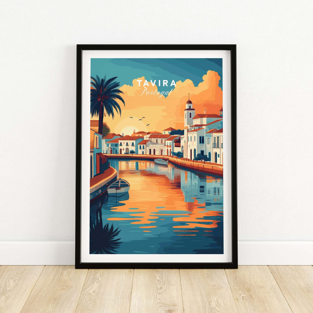Algarve Tavira sunset poster, vibrant wall decor showcasing Portugal's coastal charm and serene waters.