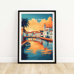 Algarve Tavira Poster, Portugal Wall Decor, Sunset showcasing vibrant colors and tranquil waters.