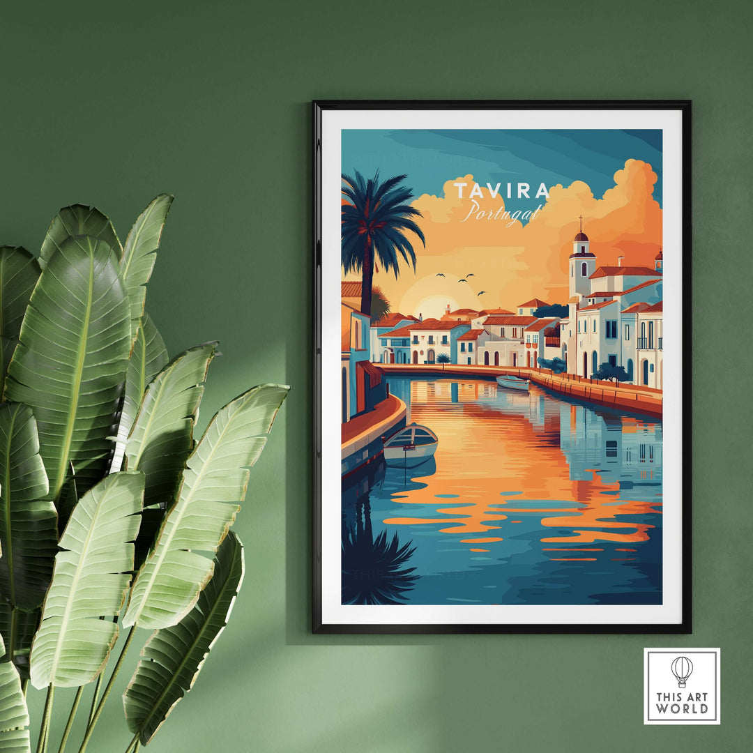 Colorful Algarve Tavira poster showcasing serene waterfront and sunset skies, perfect for home decor.