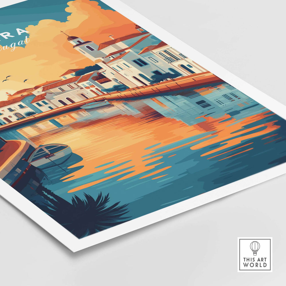 Algarve Tavira sunset poster featuring Portugal's coastal charm with vibrant colors and serene reflections.