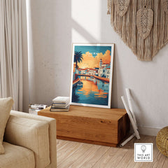 Algarve Tavira Poster, Portugal Wall Decor, Sunset displayed in a cozy living room setting.
