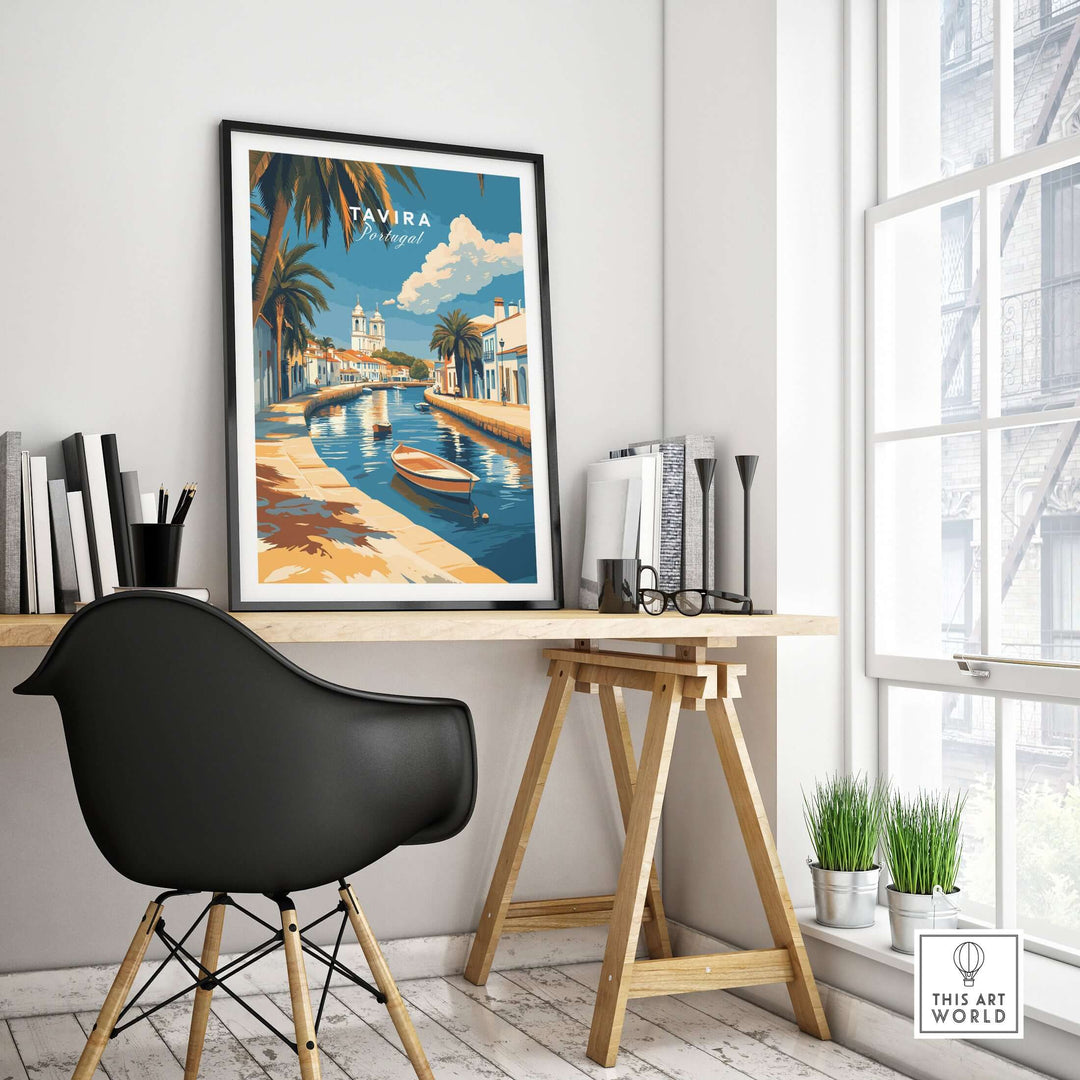 Algarve Tavira print in Mediterranean decor, showcasing coastal beauty and vibrant architecture in a stylish home office setup.
