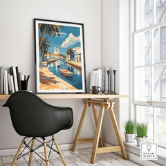 Algarve Tavira Print, Portugal Wall Decor, Mediterranean Style City Poster displayed in a modern interior.