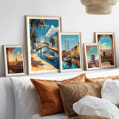 Algarve Tavira Print, Portugal Wall Decor, Mediterranean Style City Poster collection displayed on a wall.