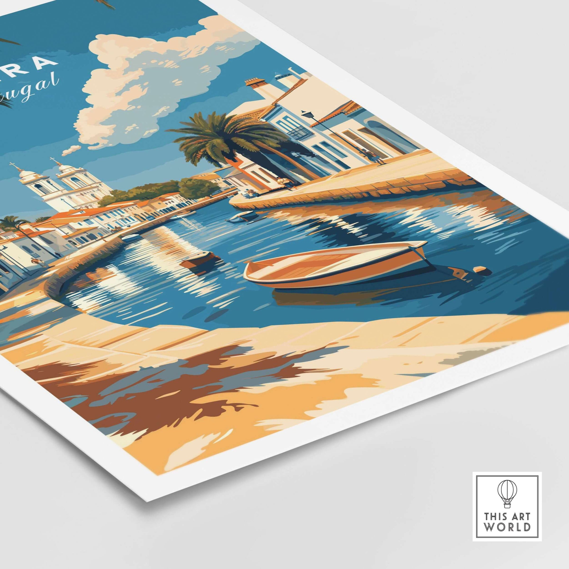 Algarve Tavira Print, Portugal Wall Decor, Mediterranean Style City Poster featuring vibrant coastal scene.