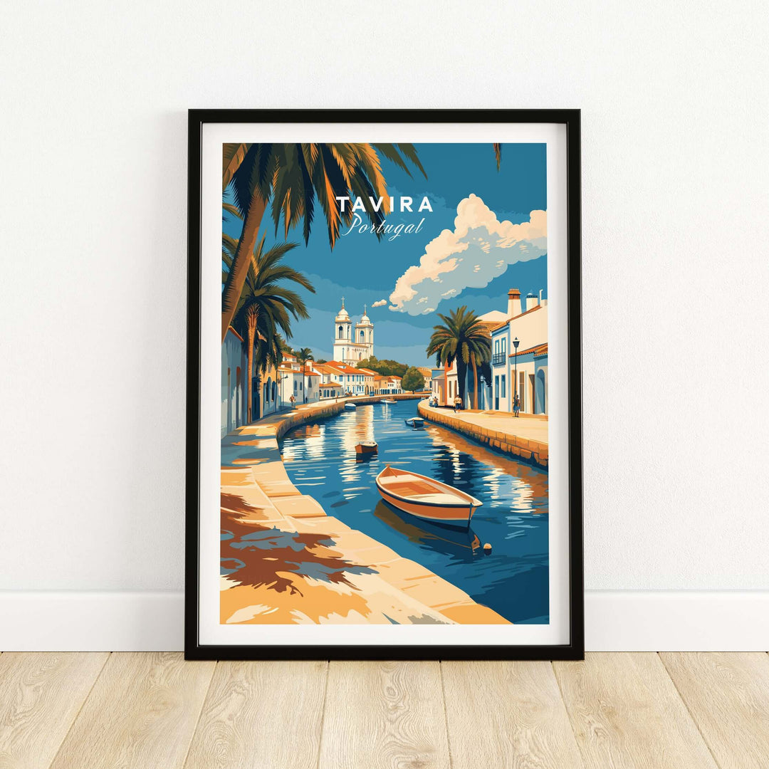 Tavira, Portugal wall decor print featuring a scenic canal and palm trees in Mediterranean style.