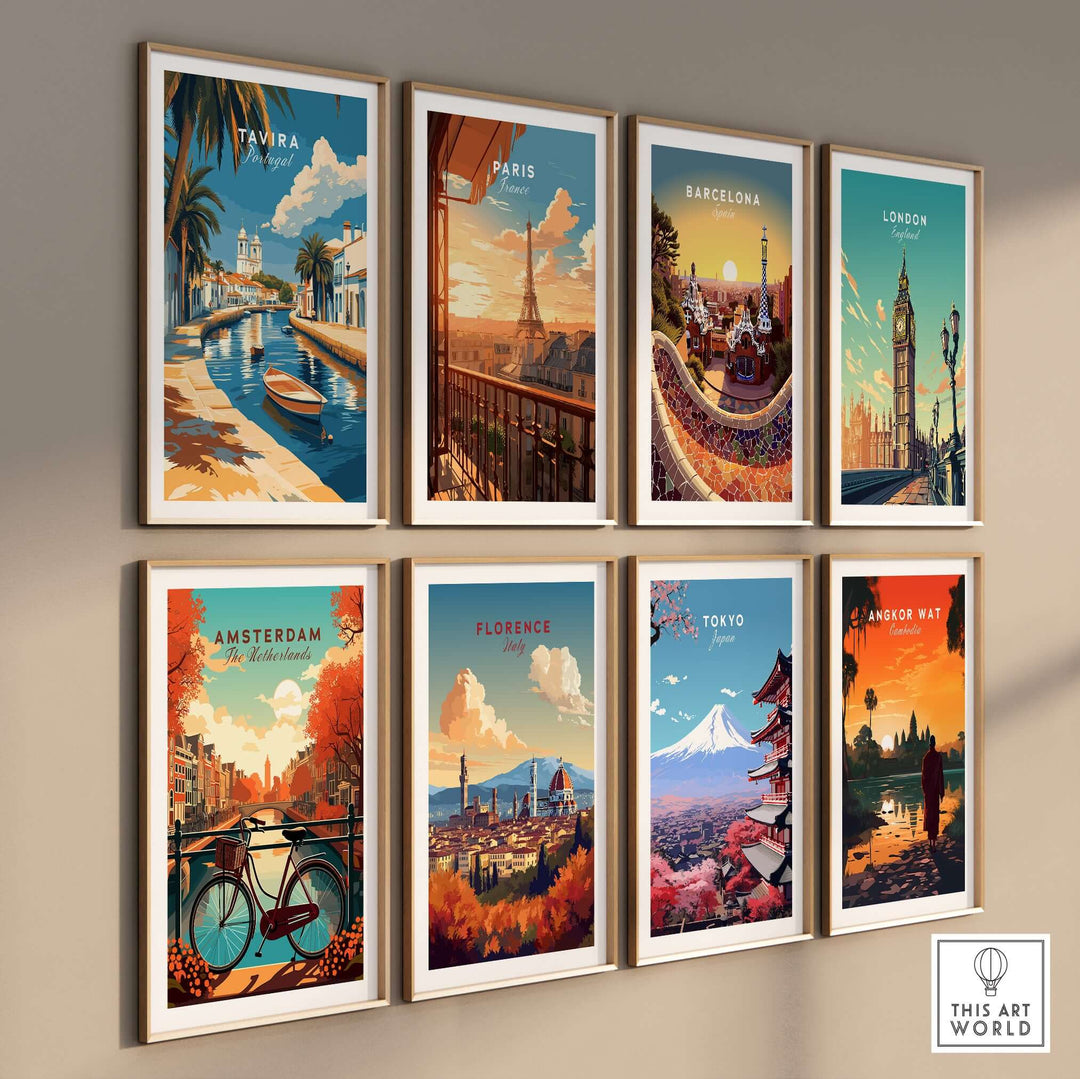 Collection of city posters including Tavira, Paris, Barcelona, London, Amsterdam, Florence, Tokyo, and Angkor Wat.