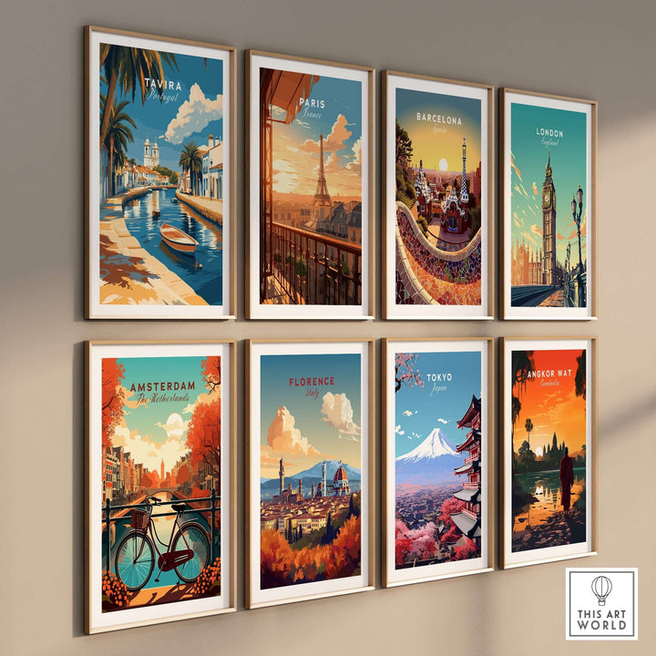 Collection of city posters including Tavira, Paris, Barcelona, London, Amsterdam, Florence, Tokyo, and Angkor Wat.