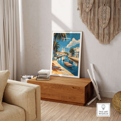 Algarve Tavira Print, Portugal Wall Decor, Mediterranean Style City Poster displayed in a cozy indoor setting.
