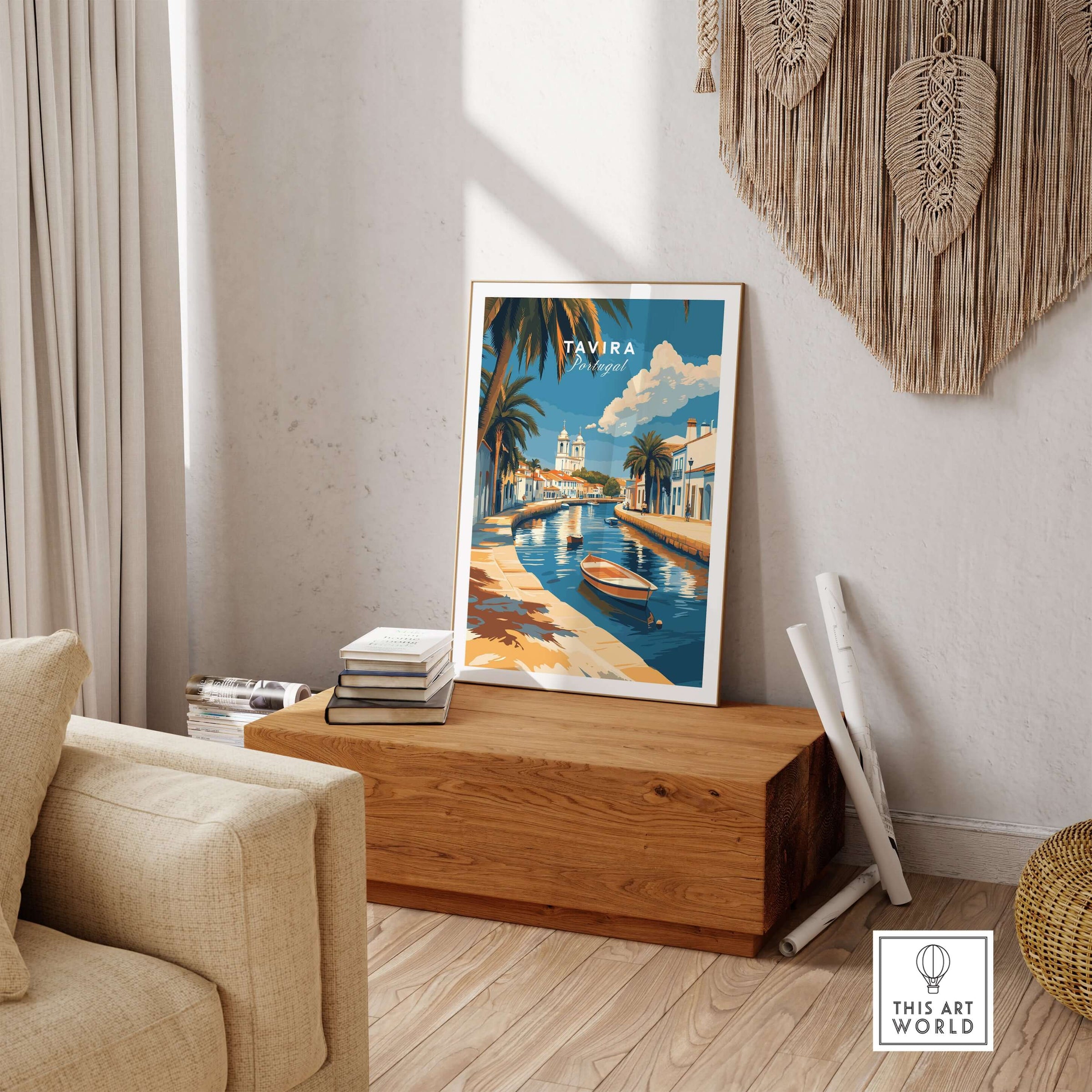 Algarve Tavira Print, Portugal Wall Decor, Mediterranean Style City Poster displayed in a cozy indoor setting.