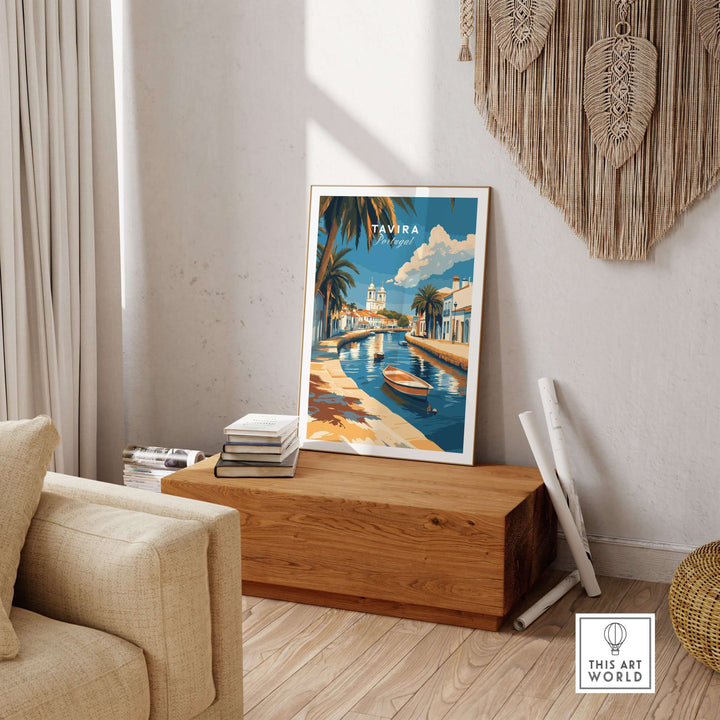 Algarve Tavira print displayed in a modern living room, showcasing Mediterranean architecture and coastal scenery.