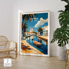 Algarve Tavira Print, Portugal Wall Decor, Mediterranean Style City Poster displayed in a stylish interior setting.