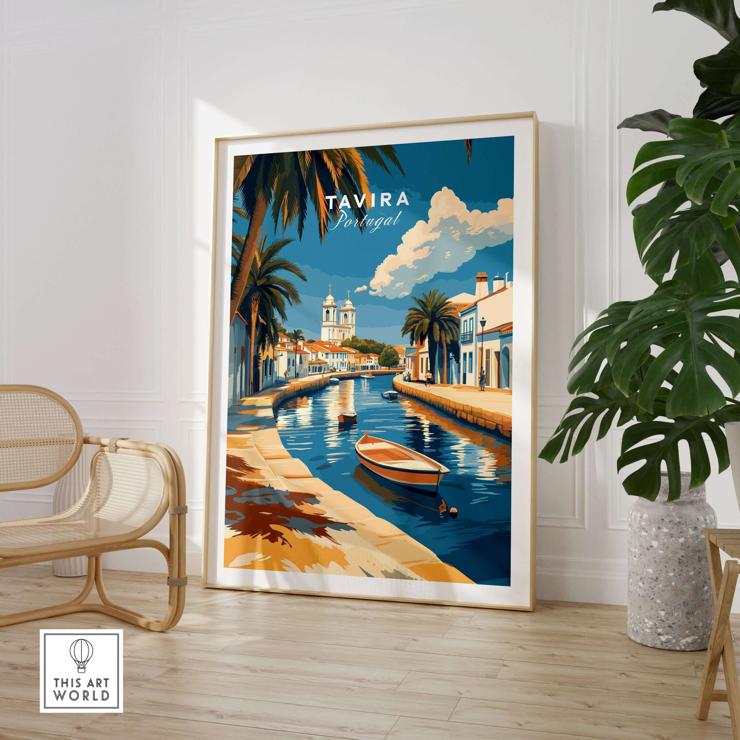 Algarve Tavira Print, Portugal Wall Decor, Mediterranean Style City Poster displayed in a stylish interior setting.