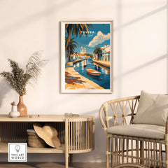 Algarve Tavira Print, Portugal Wall Decor, Mediterranean Style City Poster showcasing Tavira's beauty in a cozy room setting.