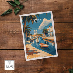Algarve Tavira Print, Portugal Wall Decor, Mediterranean Style City Poster featuring iconic architecture and coastal scenery.