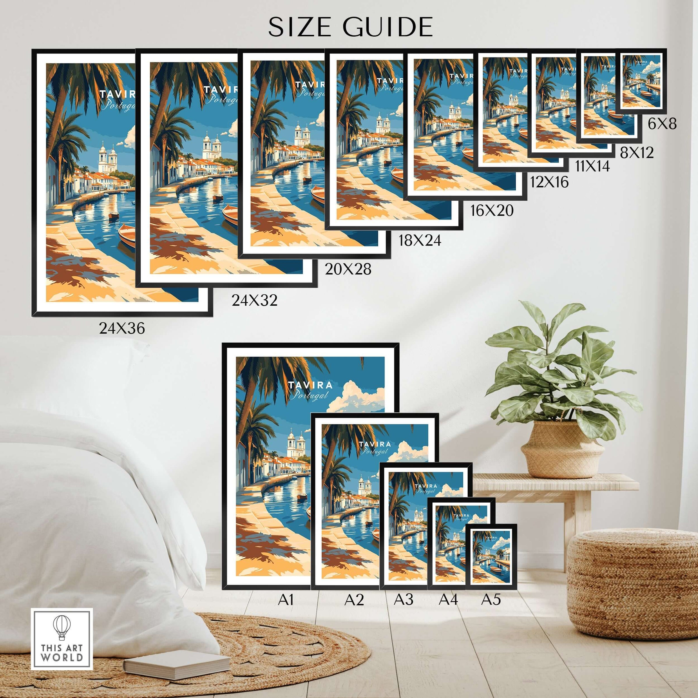 Algarve Tavira Print, Portugal Wall Decor, Mediterranean Style City Poster size guide showcasing various frame sizes and styles.