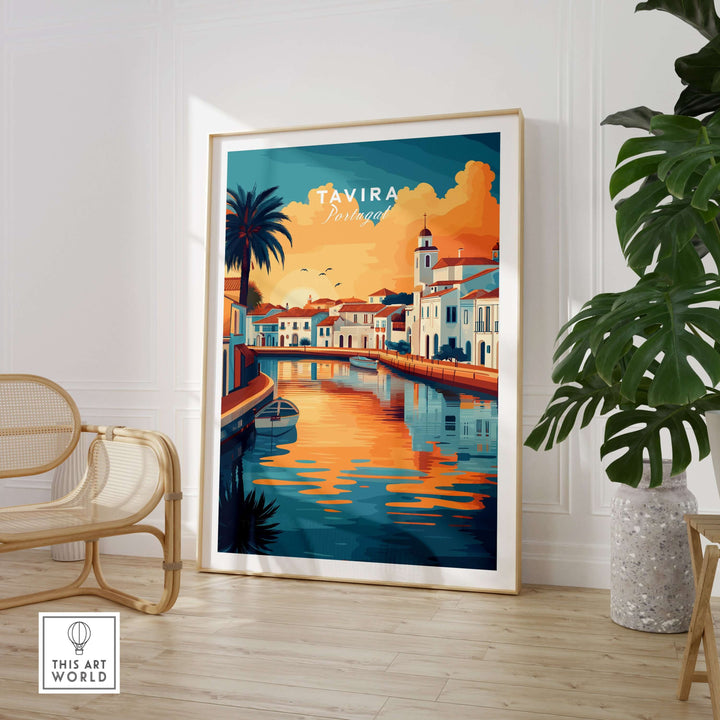 Algarve Tavira poster showcasing colorful sunset over tranquil river in Portugal, perfect wall decor for serene spaces.